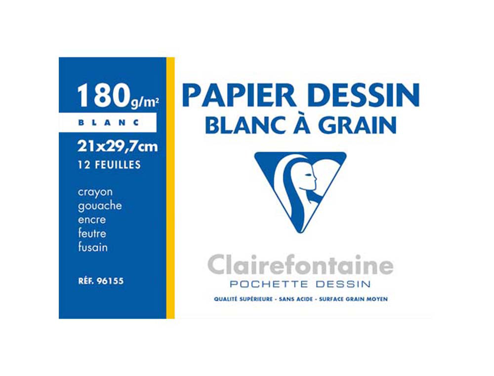 Papier dessin clairefontaine grain léger prononcé sans acide blancheur naturelle 180g a4 pochette 12f