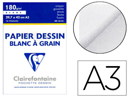 Papier dessin clairefontaine grain léger prononcé sans acide blancheur naturelle 180g a3 pochette 10f
