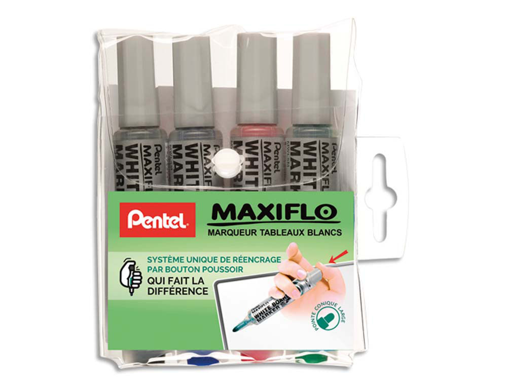 Marqueur pentel maxiflo effaçable tableau blanc pointe conique tracé 1,6mm écriture 1000m corps plastique recyclé 4u
