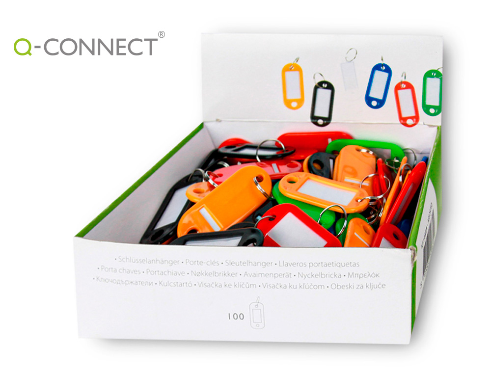 Porte-clés q-connect porte-étiquette plastique 50x22mm 5 coloris assortis présentoir 100 unités