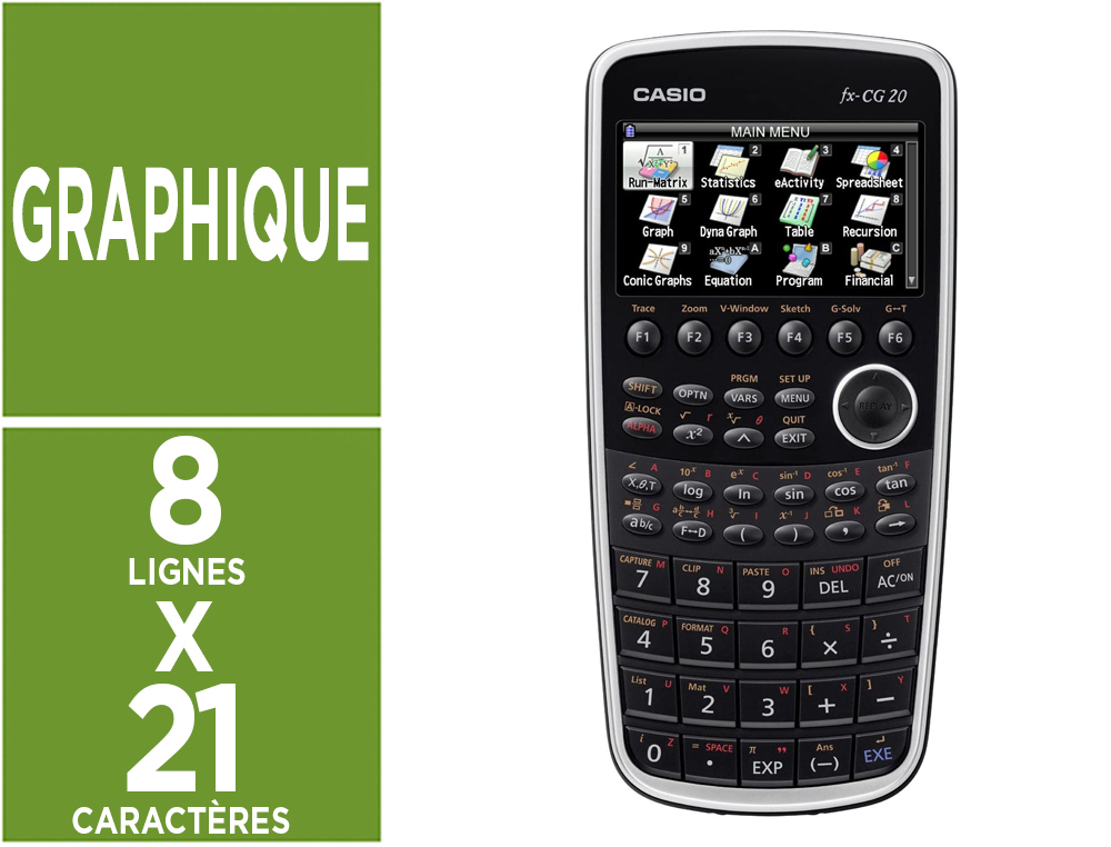 Calculatrice casio graphique fx-cg20 21 chiffres écran géant lcd 8 lignes connexion pc/graphique 188.5x89.5x20.6mm 230g