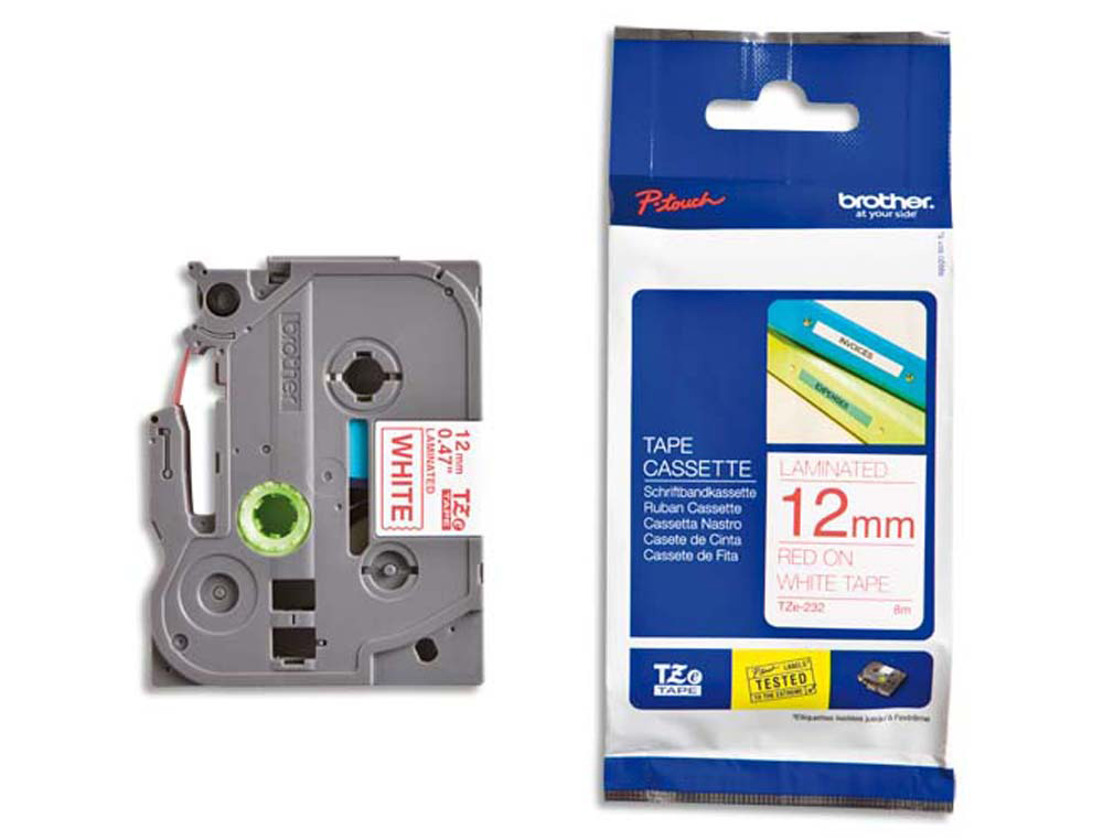 Ruban laminé tze pour titreuse brother p-touch tze232 12mm coloris impression rouge/blanc