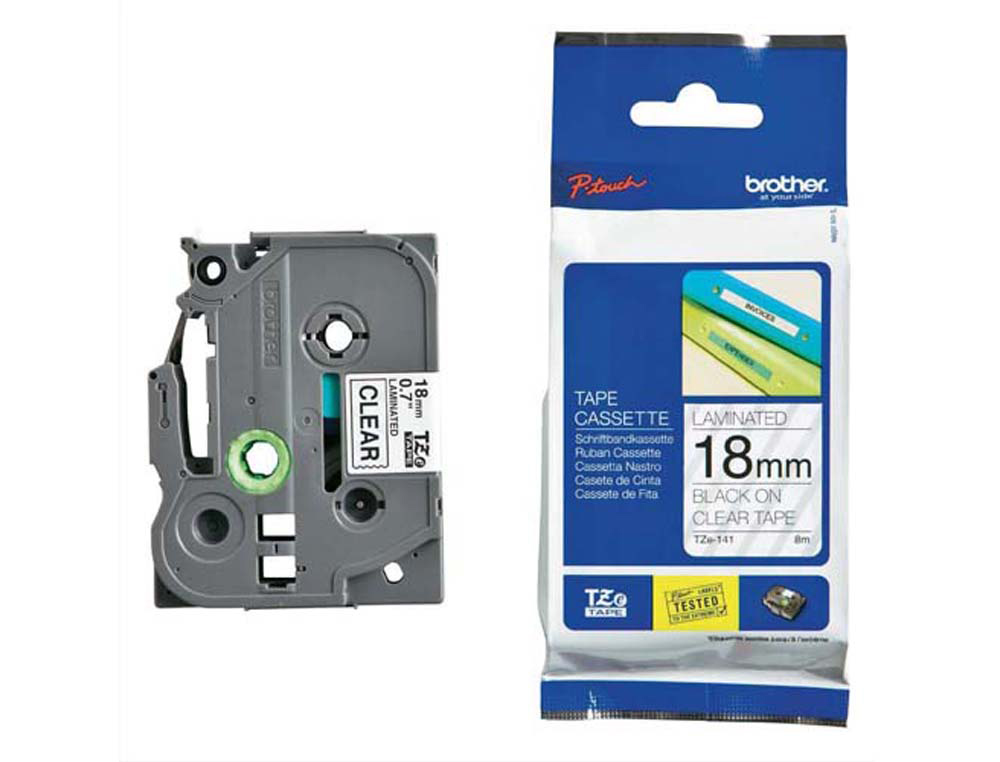 Ruban laminé tze pour titreuse brother p-touch tze141 18mm coloris impression noir/transparent