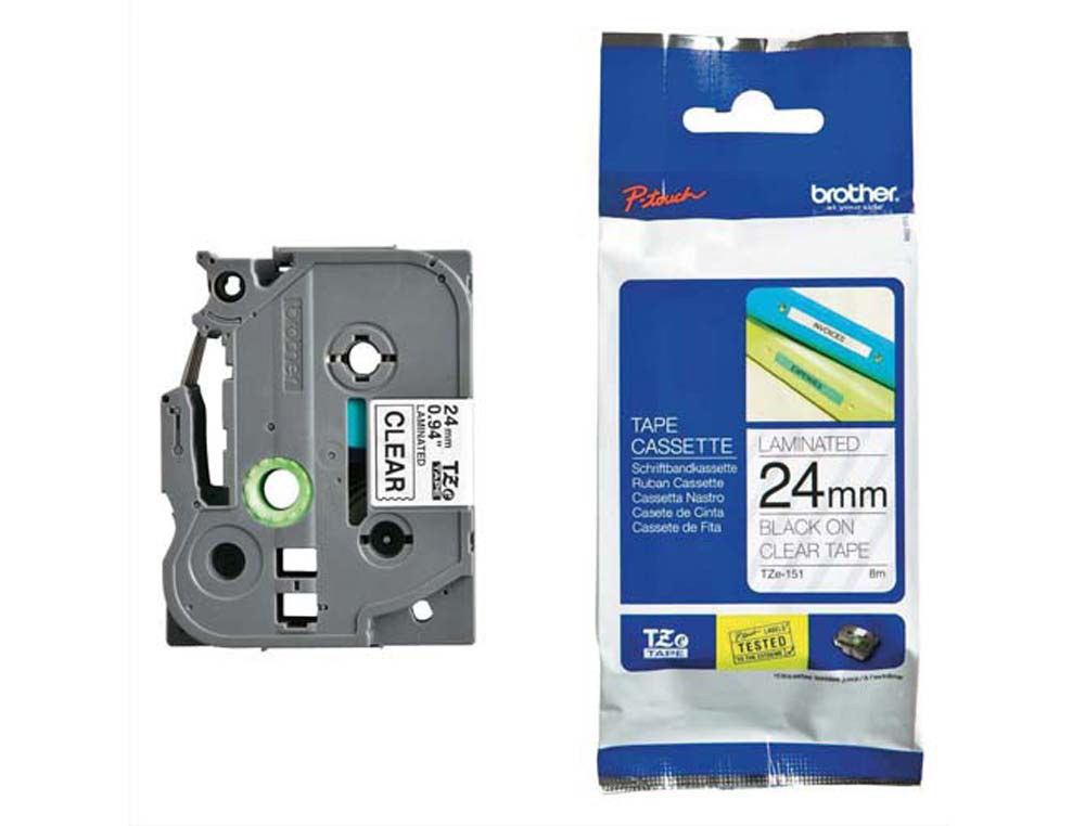Ruban laminé tze pour titreuse brother p-touch tze151 24mm coloris impression noir/transparent