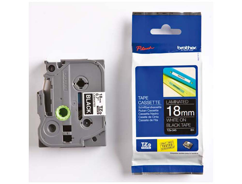 Ruban laminé tze pour titreuse brother p-touch tze345 18mm coloris impression blanc/noir