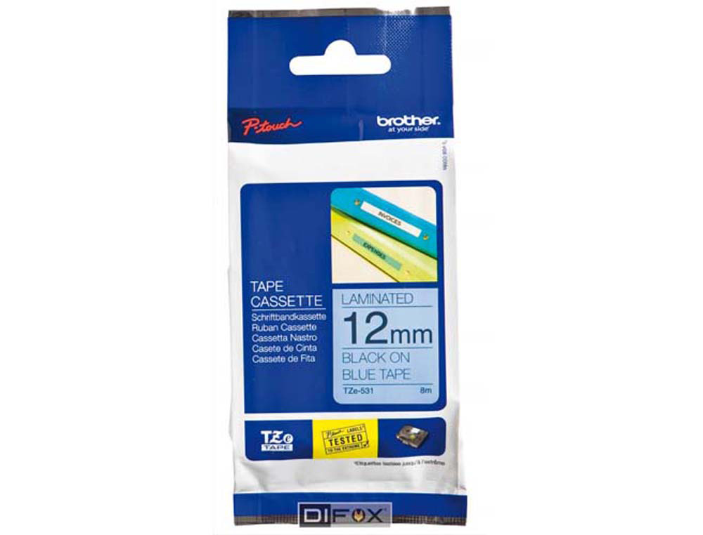 Ruban laminé tze pour titreuse brother p-touch tze531 12mm coloris impression noir/bleu