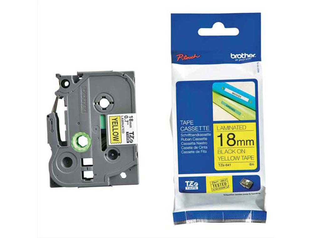 Ruban laminé tze pour titreuse brother p-touch tze641 18mm coloris impression noir/jaune