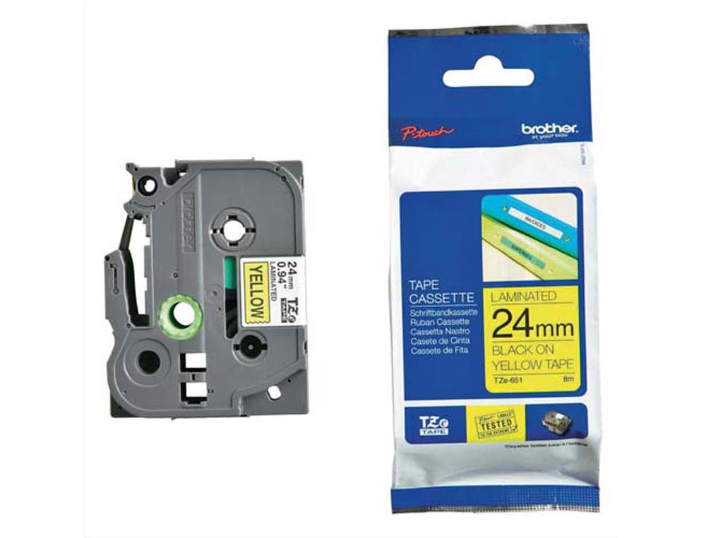 Ruban laminé tze pour titreuse brother p-touch tze651 24mm coloris impression noir/jaune