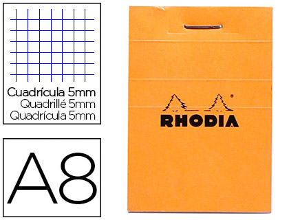 Bloc bureau rhodia a8 papier vélin surfin couverture enduite enveloppante 52x75mm 80f détachables 80g 5x5mm orange