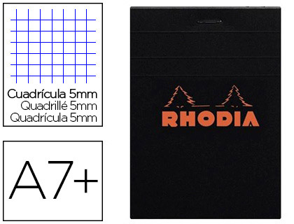 Bloc bureau rhodia a7+ papier vélin surfin couverture enduite enveloppante 85x120mm 80f détachables 80g 5x5mm noir