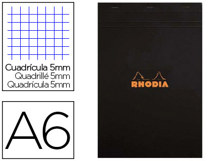 Bloc bureau rhodia a6 papier vélin surfin couverture enduite enveloppante 105x148mm 80f détachables 80g 5x5mm noir
