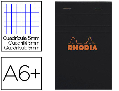 Bloc bureau rhodia a6+ papier vélin surfin couverture enduite enveloppante 110x170mm 80f détachables 80g 5x5mm noir