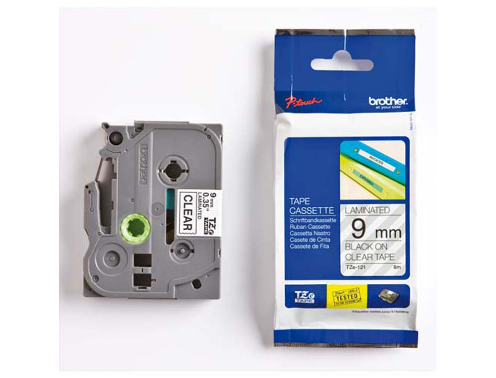 Ruban laminé tze pour titreuse brother p-touch tze121 9mm coloris impression noir/transparent