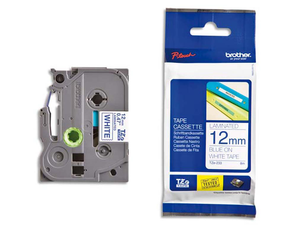 Ruban laminé tze pour titreuse brother p-touch tze233 12mm coloris impression bleu/blanc