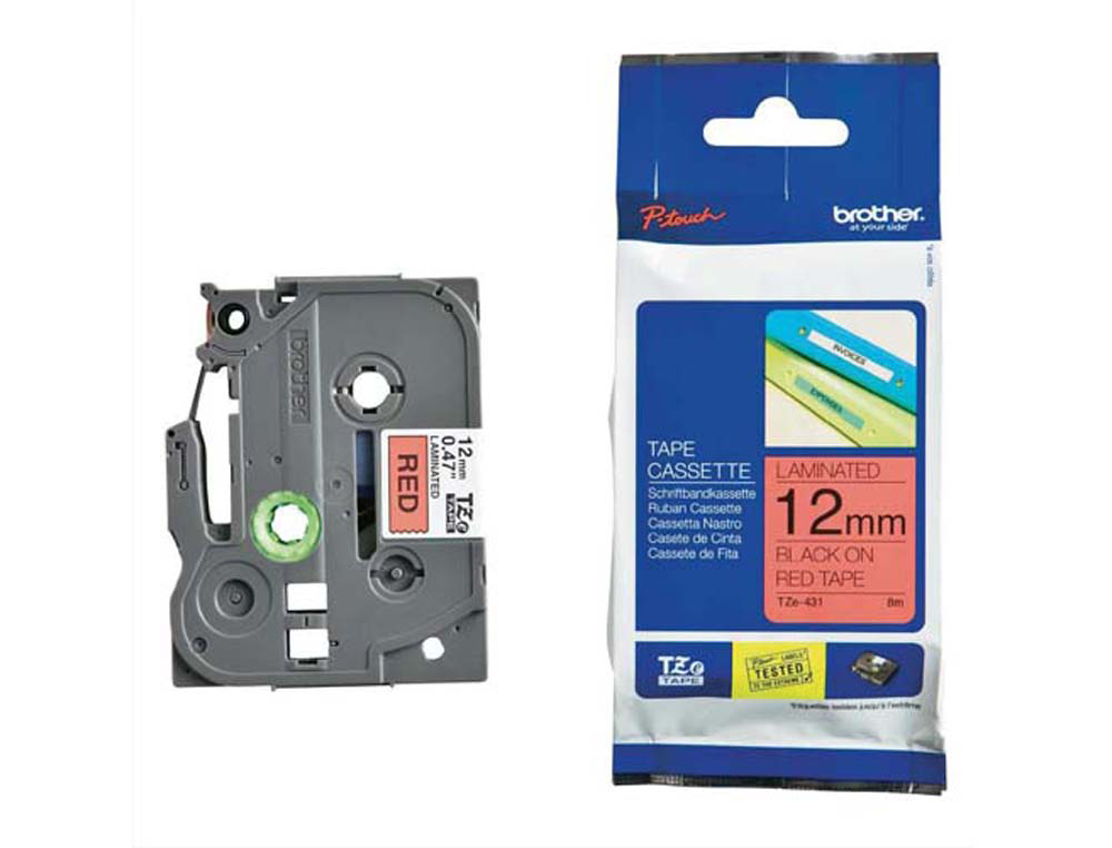 Ruban laminé tze pour titreuse brother p-touch tze431 12mm coloris impression noir/rouge