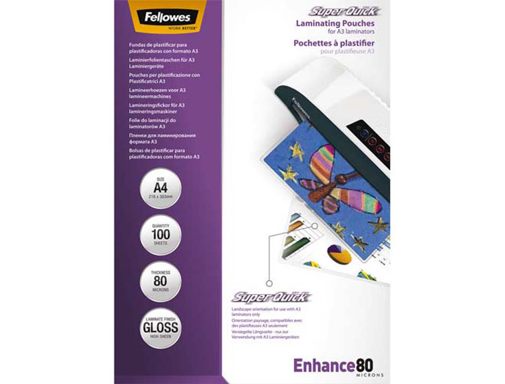 Pochette plastification fellowes superquick chaud durée passage réduite format a4 80 microns boîte 100u