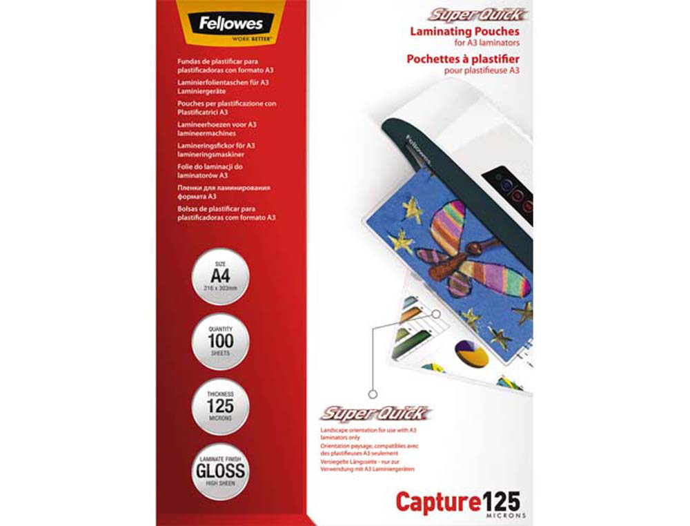 Pochette plastification fellowes superquick chaud durée passage réduite format a4 125 microns boîte 100u