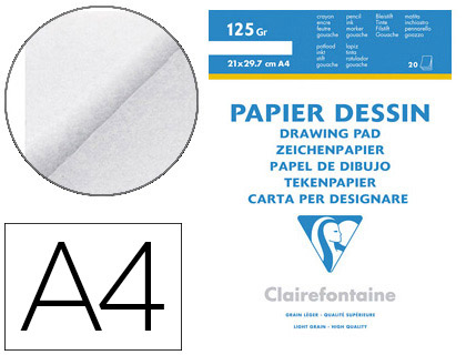 Bloc dessin clairefontaine à grain 125g a4 210x297mm paquet 20f