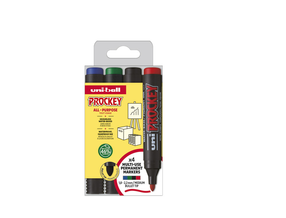 Marqueur uniball uni prockey permanent pointe ogive encre pigmentée sans alcool sans solvant corps plastique pochette 4u