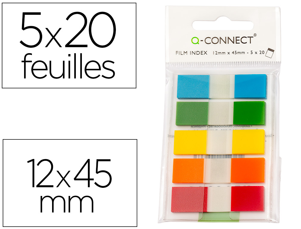Marque-pages q-connect mini kit poche 12x45mm 130f coloris assortis bleu rouge jaune vert orange lot 5x20 unités