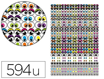 Gommette adhesive graine creative forme yeux mobiles   diametre 8 et 15mm 2 planches 594 unites