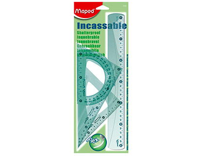 Kit de traçage maped flex 4 pièces 1 règle 30cm 2 équerres 45 degrés 60 degrés 1 rapporteur 180 degrés incassable
