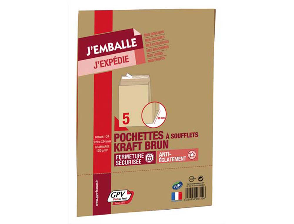 Pochette gpv kraft 120g c4 229x324mm soufflet 30mm anti-éclatement paquet 5 unités