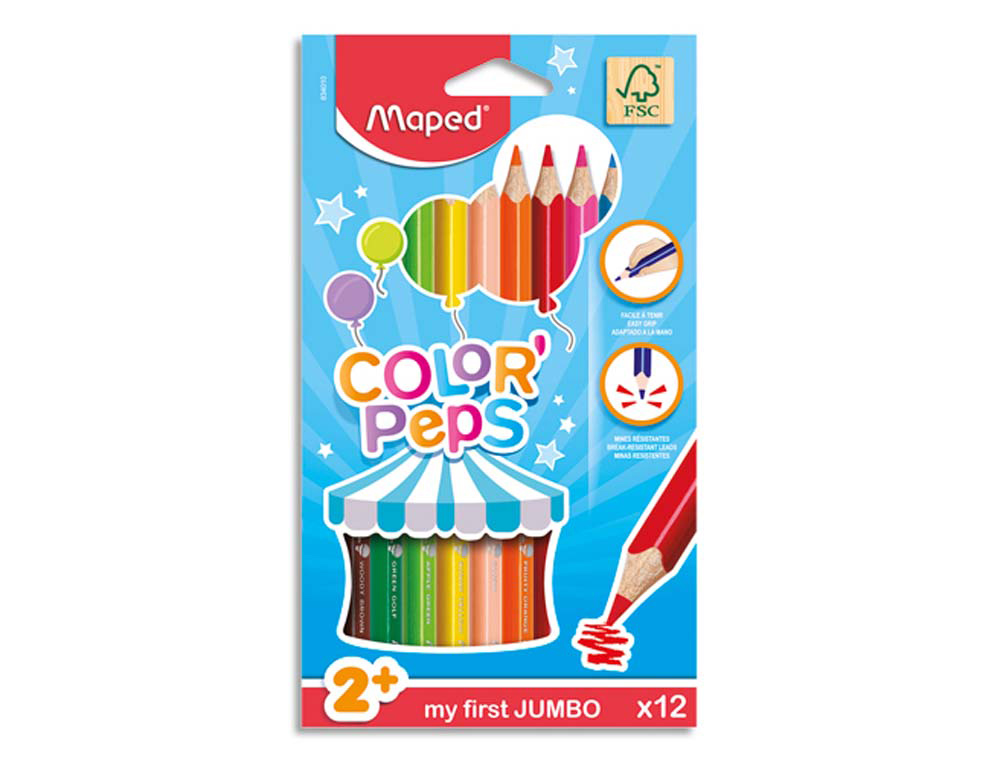 Crayon couleur maped color pep's jumbo triangulaire mine tendre ultra-résistante coloris assortis étui carton 12 unités