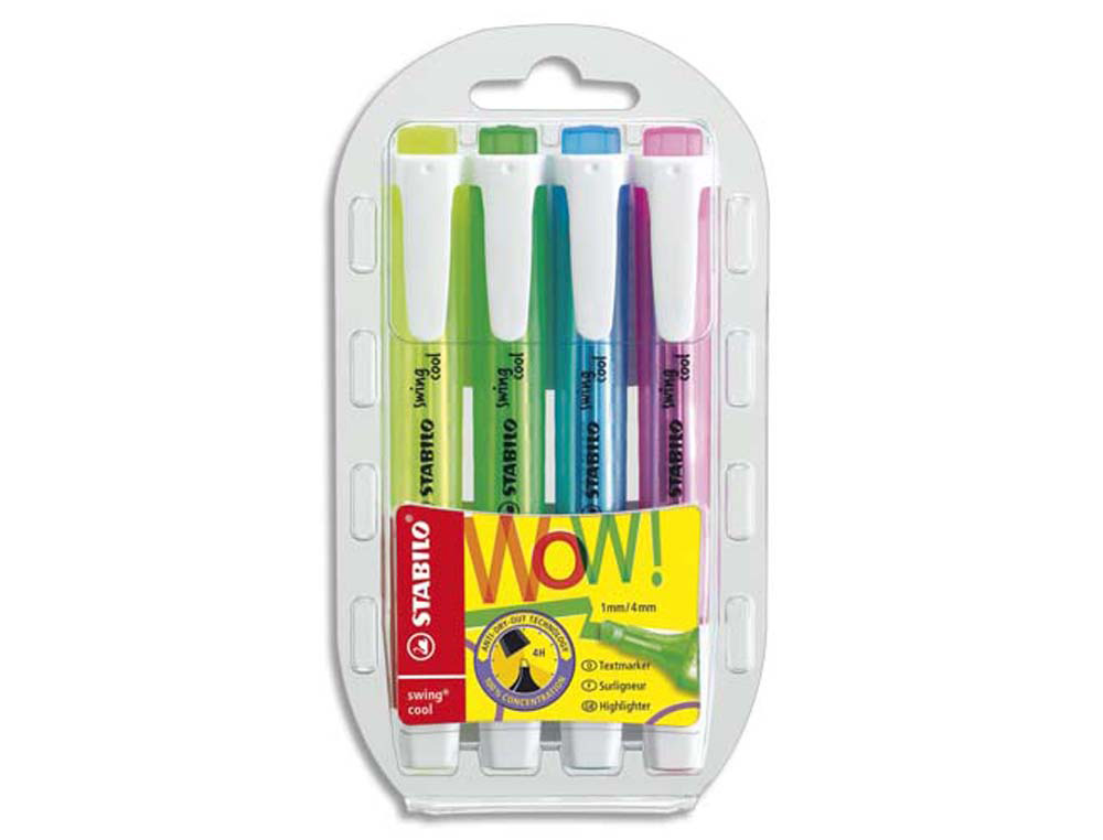 Surligneur stabilo swing cool modèle de poche avec agrafe tracé 1/3mm encre liquide pigmentée visible pochette 4 unités