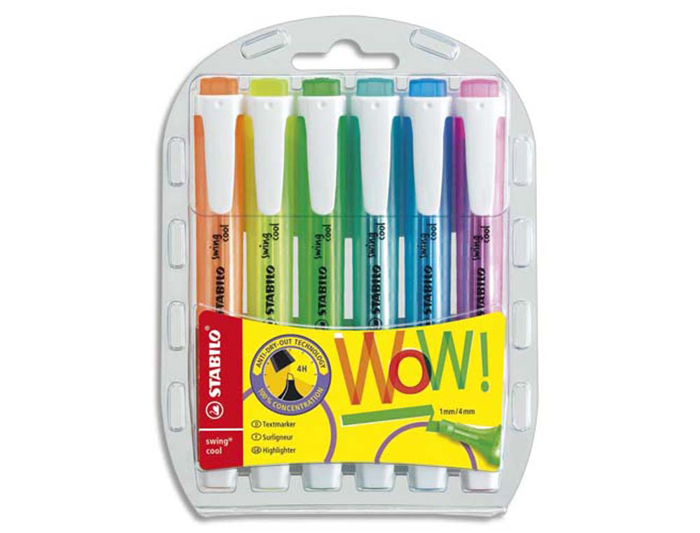 Surligneur stabilo swing cool modèle de poche avec agrafe tracé 1/3mm encre liquide pigmentée visible pochette 6 unités