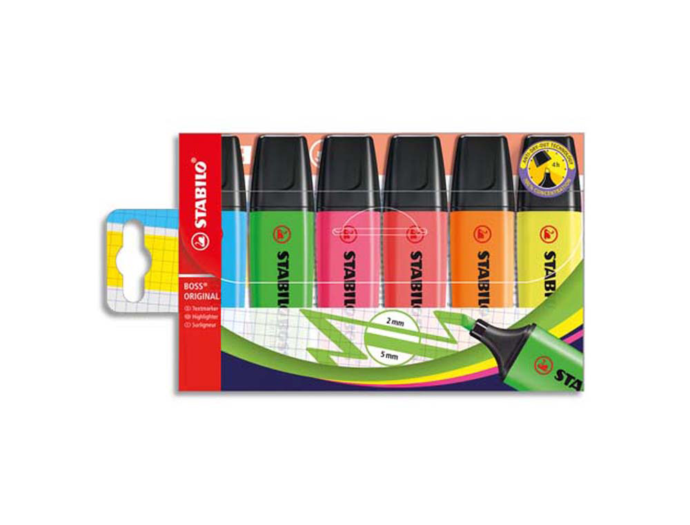 Surligneur stabilo boss tracé 2/5mm pointe biseautée encre universelle base eau résistante lumière pochette 6 unités