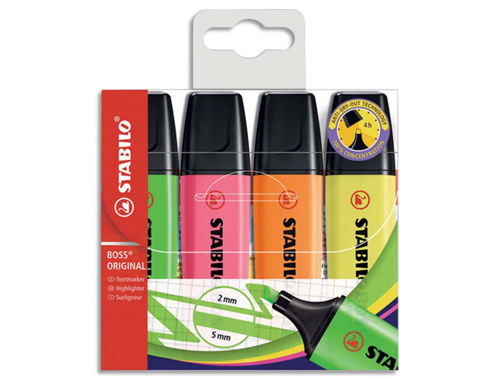 Surligneur stabilo boss tracé 2/5mm pointe biseautée encre universelle base eau résistante lumière pochette 4 unités