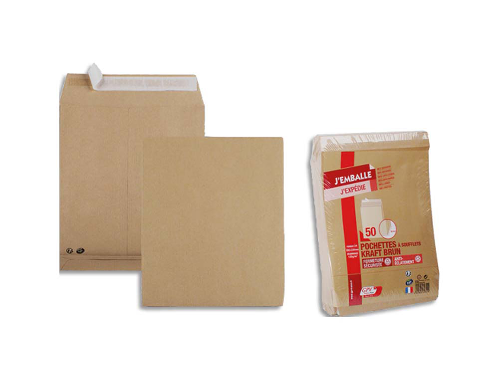 Pochette gpv kraft 120g 24 260x330mm soufflet 30mm anti-éclatement sachet 50 unités