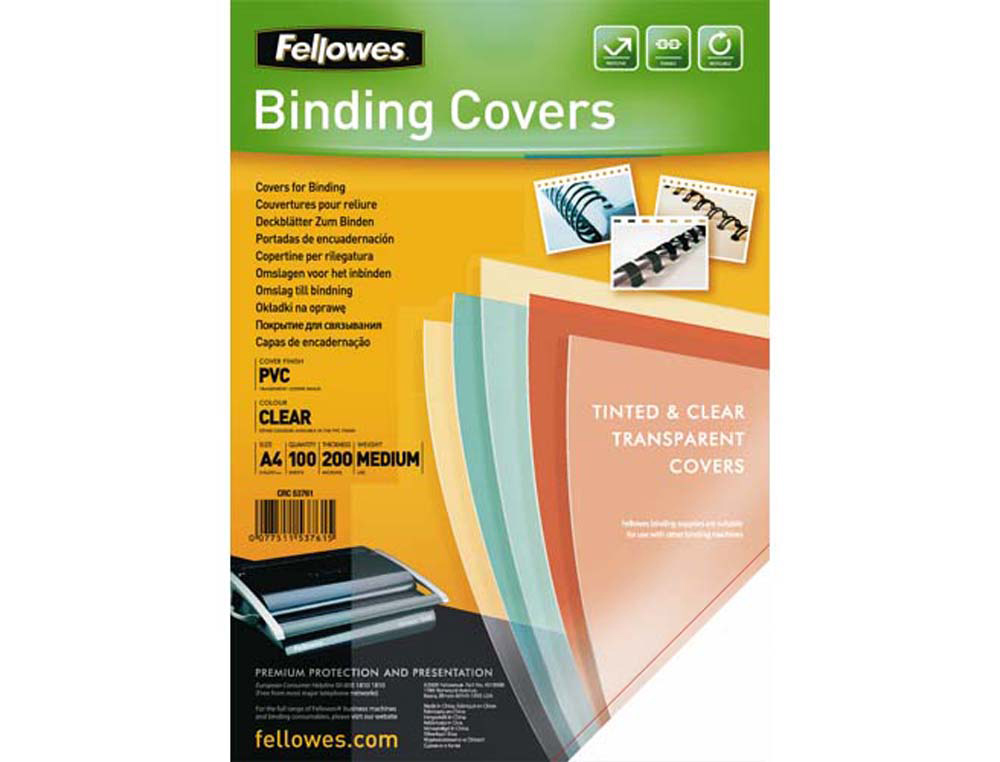 Couverture fellowes pvc transparent grammage prestige 20/100e format a4 paquet 100 unités