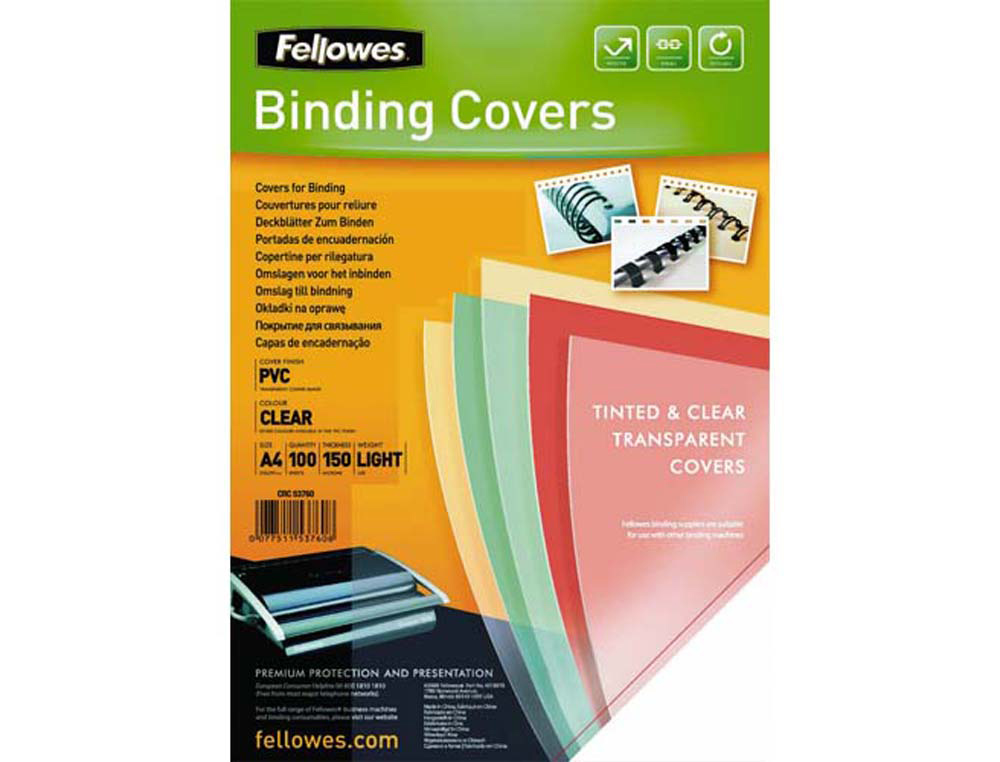 Couverture fellowes pvc transparent grammage économique 15/100e format a4 paquet 100 unités