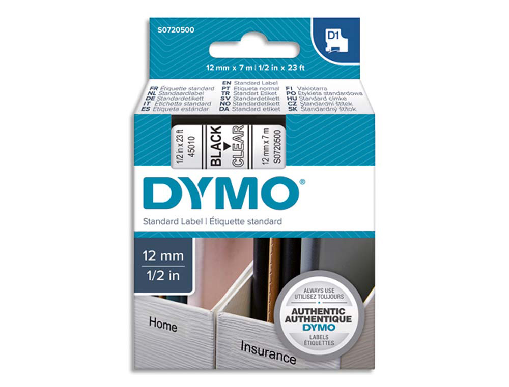 Ruban titreuse dymo d1 12mmx7m coloris impression noir/transparent