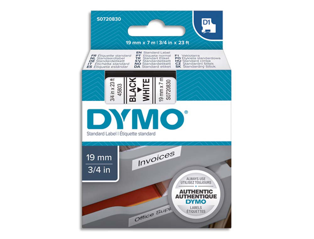 Ruban titreuse dymo d1 19mmx7m coloris impression noir/blanc