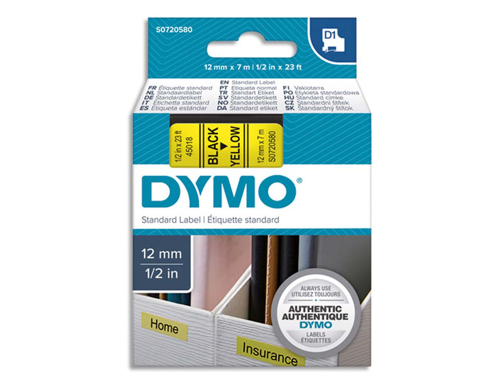Ruban titreuse dymo d1 12mmx7m coloris impression noir/jaune