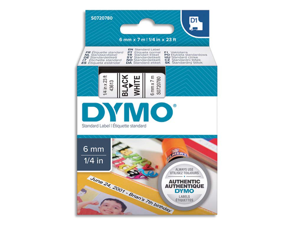 Ruban titreuse dymo d1 6mmx7m coloris impression noir/blanc