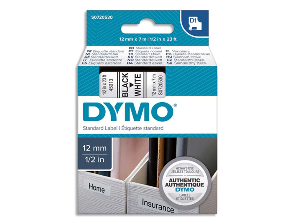 Ruban titreuse dymo d1 12mmx7m coloris impression noir/blanc