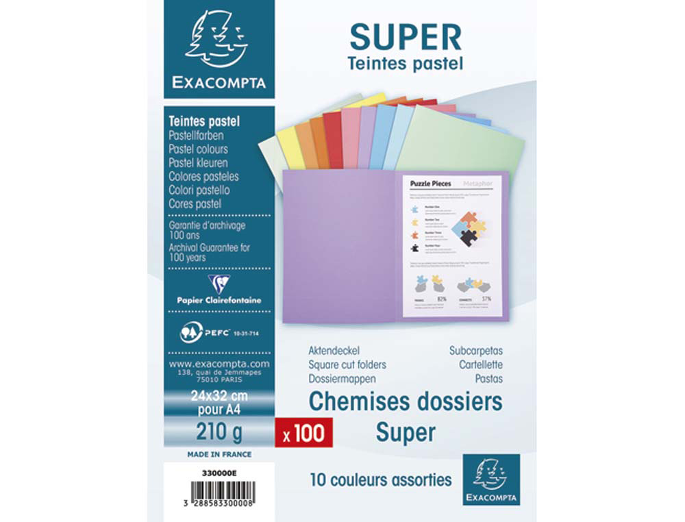 Chemise exacompta super carte 240x320mm 210g coloris assortis pack 100 unités