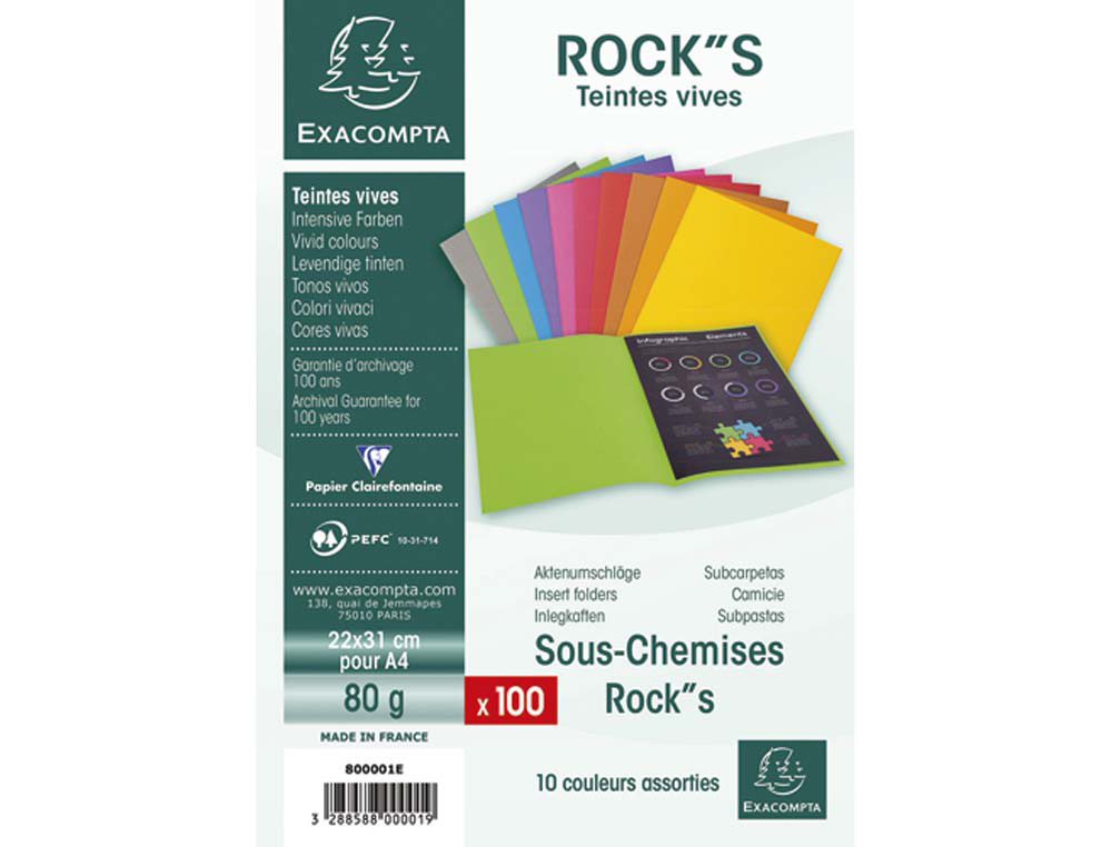 Sous-chemise exacompta rock's 220x310mm 80g coloris assortis pack 100 unités