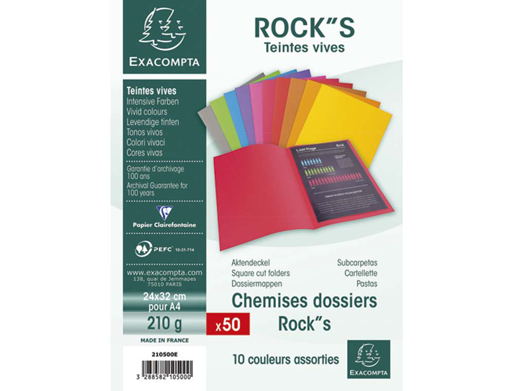 Chemise exacompta rock's 240x320mm 210g coloris assortis pack 10 unités
