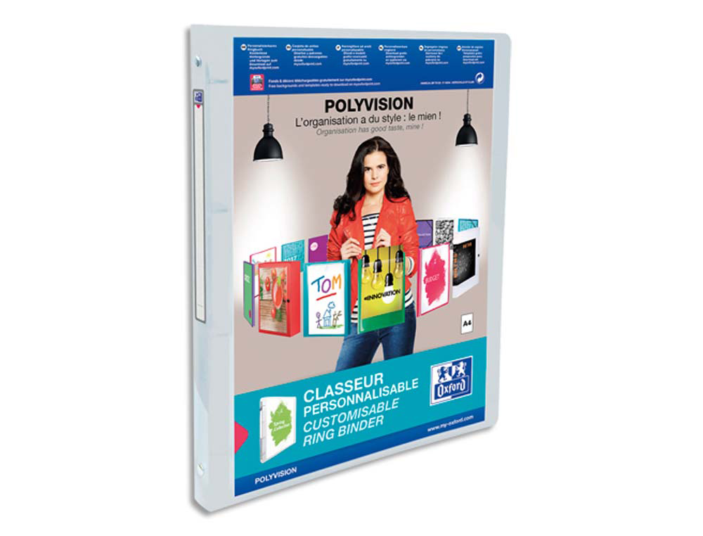 Classeur personnalisable oxford polyvision 4 anneaux 15mm polypropylène dos 20mm 60f pochette cristal incolore