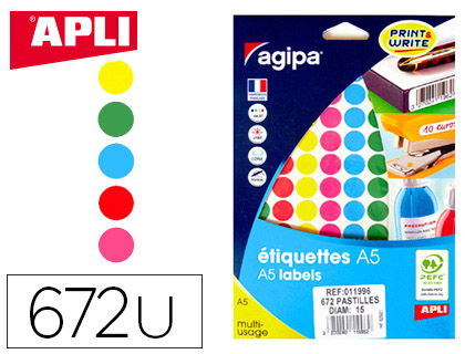 Pastille adhésive apli agipa diamètre 15mm coloris assortis pochette 672 unités