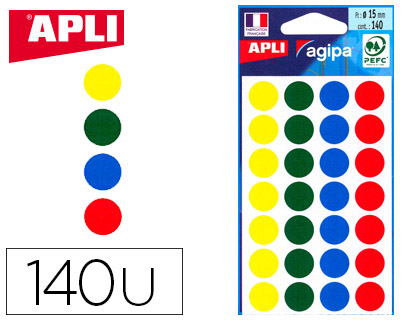 Pastille adhésive apli agipa diamètre 15mm coloris assortis pochette 140 unités