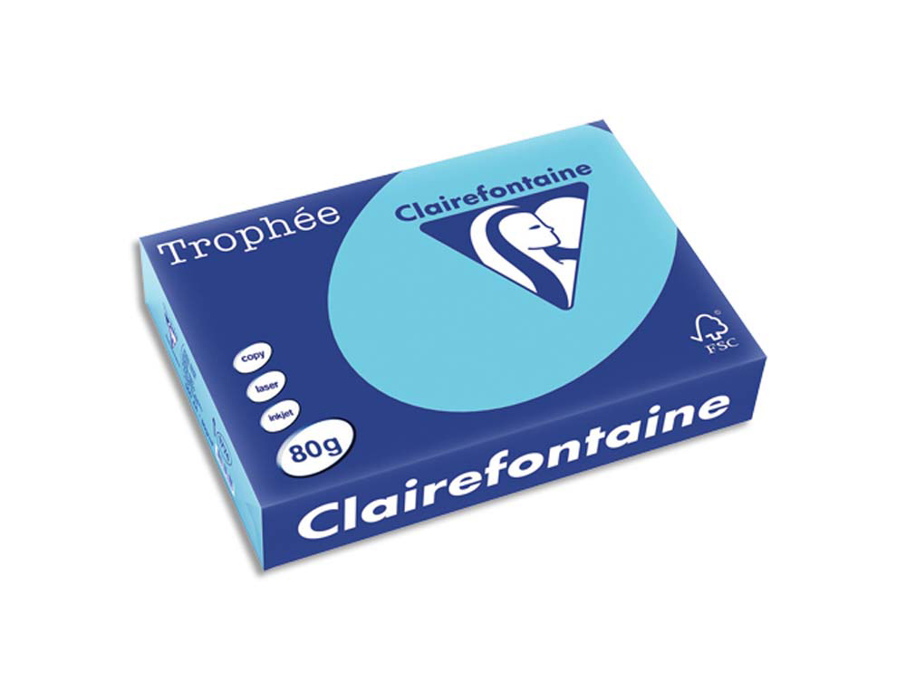 Papier couleur clairefontaine trophée multifonction a4 80g/m2 couleurs vives bleu alizé paquet 500 feuilles