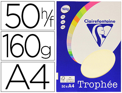Papier couleur clairefontaine trophée personal paper pack a4 160g/m2 ivoire paquet 50 feuilles unicolores