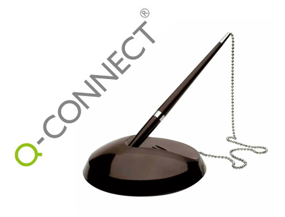 Stylo-bille q-connect sur socle plastique lesté chaînette nickelée rechargeable 4 recharges encre bleue