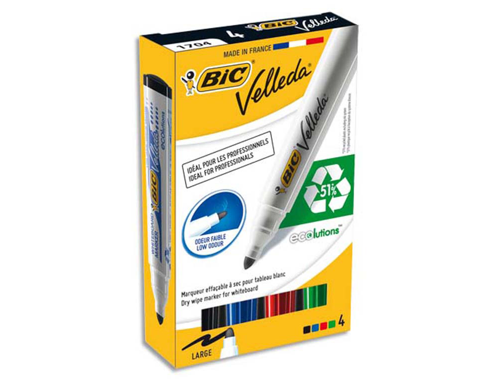 Marqueur bic velleda 1701 effaçable pointe ogive tracé 1.5mm encre base alcool inodore corps plastique boîte 4 unités